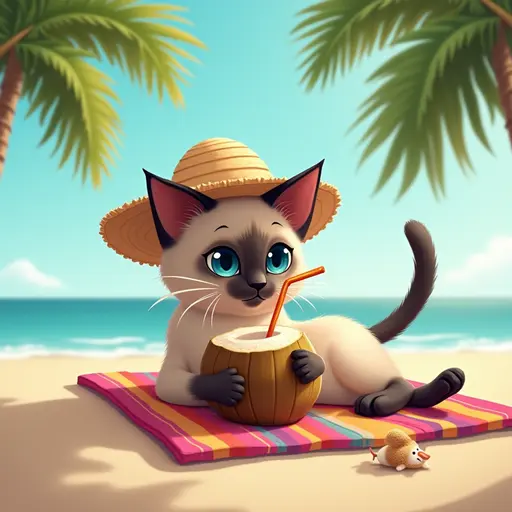 A Siamese cat wearing a straw hat, lounging on a colorful beach towel while sipping a coconut drink under a palm tree on a sunny beach day