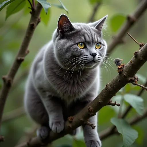 A clever chartreux cat, with its dense slate-grey fur, confidently exploring the highest branches of a tree, eyes keenly focused as it spots a tiny critter.