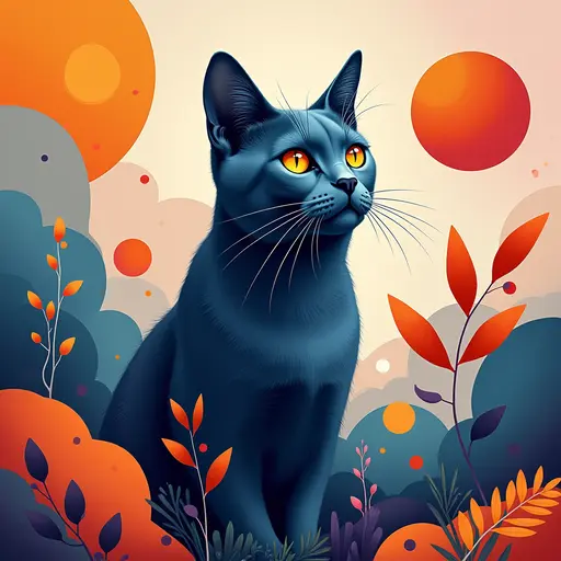 A cat(Russian Blue) in a modern abstract art background, surrounded by colorful geometric shapes