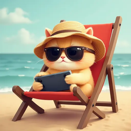 A cute Scottish Fold cat in a beach chair, wearing sunglasses and a sunhat, playing with a handheld game console while basking in the sun.