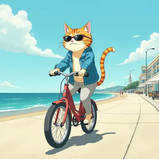 A cat wearing a denim jacket and sunglasses, riding a bicycle along the beach promenade, with the ocean breeze blowing, in the style of Miyazaki.