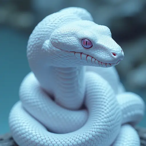 a hyper realistic image in 4K of albino Snake that looks wears a second skin made of liquid metal shiney glass on her face that shines in neon transparent like glue, similar to an instagram filter