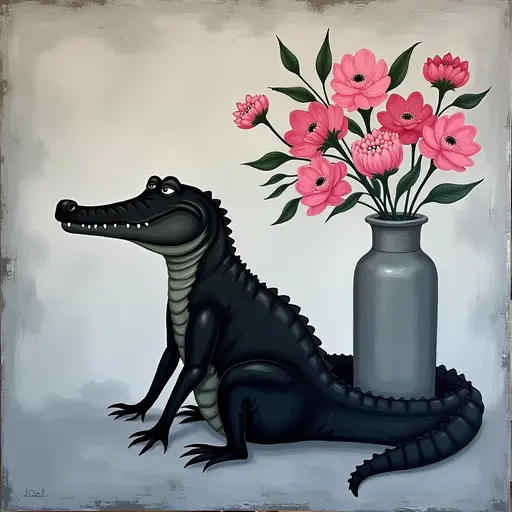 Abstract textured painting of a black Alligator sitting next to a vase with pink flowers, in the style of Ann Froud and Paulina P., against a gray background.