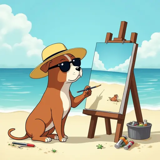 A Pit Bull in a sun hat and sunglasses, painting a canvas of the beach scene, with easels and art supplies scattered around, in the style of Miyazaki.