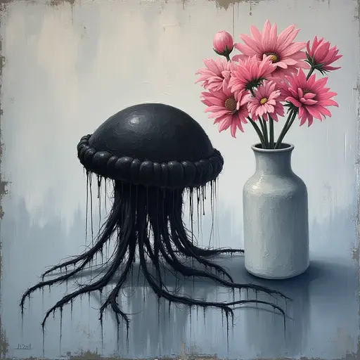 Abstract textured painting of a black Jellyfish sitting next to a vase with pink flowers, in the style of Ann Froud and Paulina P., against a gray background.