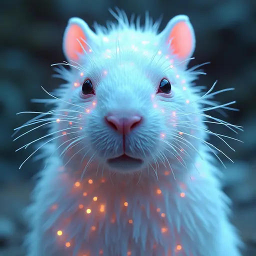 a hyper realistic image in 4K of albino Capybara that looks wears a second skin made of liquid metal shiney glass on her face that shines in neon transparent like glue, similar to an instagram filter