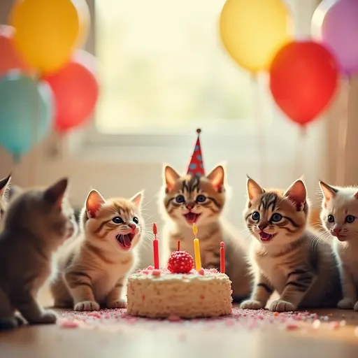 At a kitten's birthday party, colorful balloons and a small cake adorn the scene, as the kittens excitedly gather around, creating a warm and joyful atmosphere.