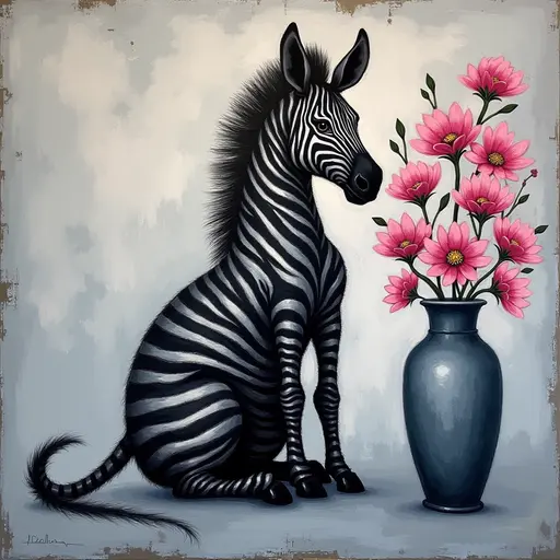 Abstract textured painting of a black Zebra sitting next to a vase with pink flowers, in the style of Ann Froud and Paulina P., against a gray background.