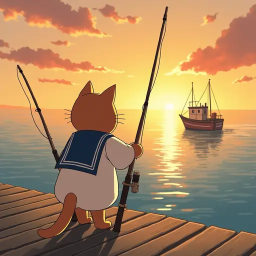 A cat wearing a sailor outfit, standing on a pier with fishing rods, watching the sunset, with a fishing boat in the distance, in the style of Miyazaki.