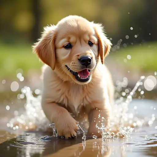 A playful golden retriever puppy splashing in a shallow puddle, with water droplets sparkling in the sunlight.