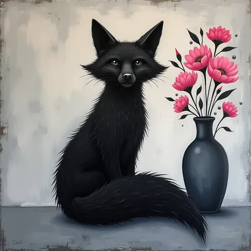 Abstract textured painting of a black Fox sitting next to a vase with pink flowers, in the style of Ann Froud and Paulina P., against a gray background.