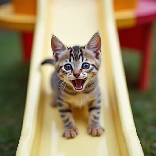 A kitten is sliding down a children's slide, its expression a mix of surprise and joy, as if enjoying a little adventure.