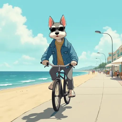 A Miniature Schnauzer wearing a denim jacket and sunglasses, riding a bicycle along the beach promenade, with the ocean breeze blowing, in the style of Miyazaki