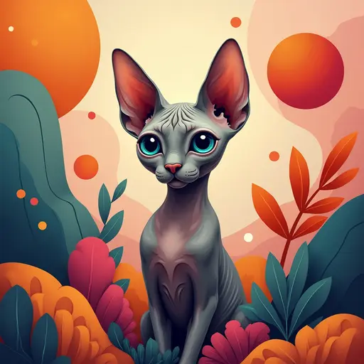 A cat(Sphynx Cat) in a modern abstract art background, surrounded by colorful geometric shapes