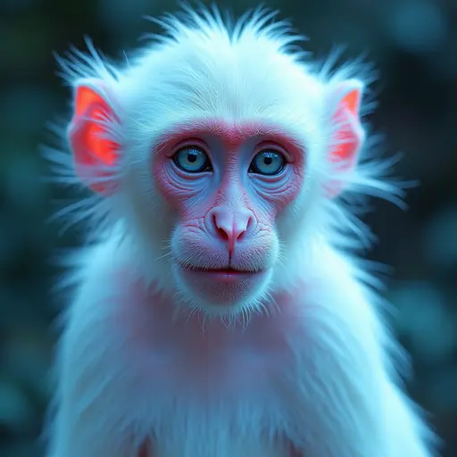 a hyper realistic image in 4K of albino Macaque that looks wears a second skin made of liquid metal shiney glass on her face that shines in neon transparent like glue, similar to an instagram filter