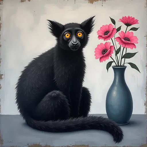 Abstract textured painting of a black Lemur sitting next to a vase with pink flowers, in the style of Ann Froud and Paulina P., against a gray background.