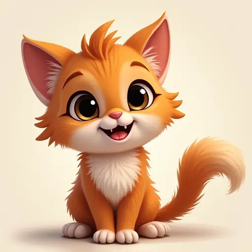 Mischievous kitten with a cheeky smile, large eyes, and fluffy tail.