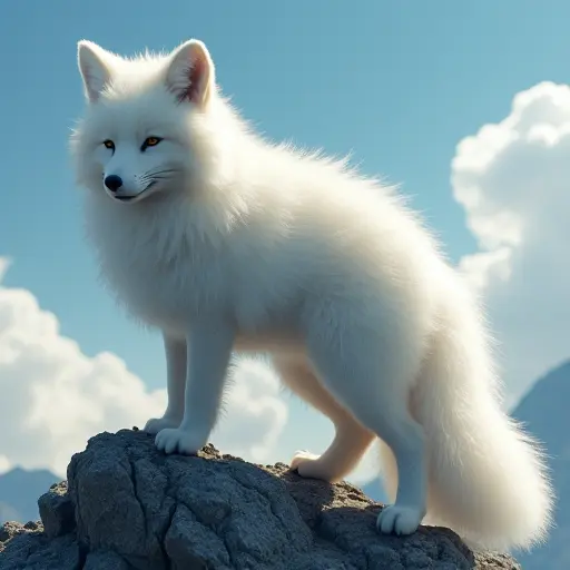 A fox with fur resembling clouds, standing on a mountaintop with the sky blending into its body.