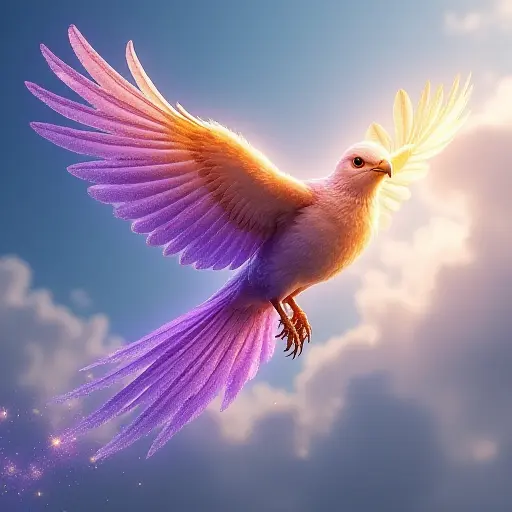 A bird with radiant purple and gold feathers, flying gracefully through a clear sky, leaving behind a trail of shimmering light.