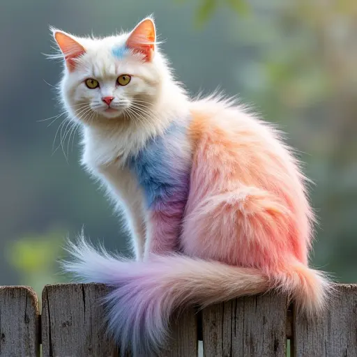 A cat with fur that resembles a watercolor painting, featuring flowing pastel shades blending seamlessly, sitting gracefully on a rustic wooden fence.