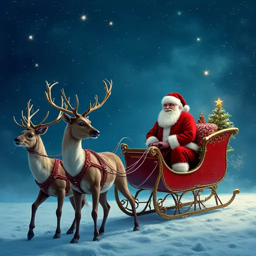 Santa Claus sitting in his sleigh, with a group of reindeer ready to fly, under a sky full of stars and a trail of twinkling lights, creating a magical and festive holiday scene.