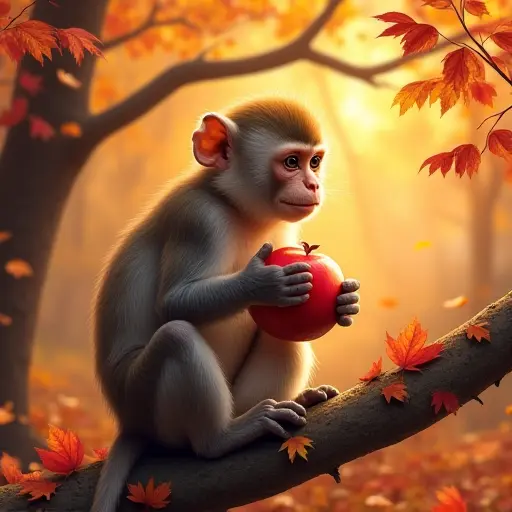 A monkey sitting on a tree branch, holding a ripe fruit in its paws, surrounded by a sea of fallen autumn leaves, while the fruit’s colors pop against the golden and red backdrop of the autumn forest.