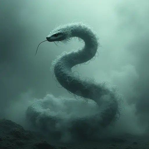 A snake with a body made of swirling mist, moving through a foggy environment with an air of mystery.