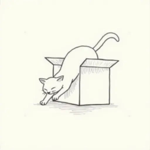 clean pencial outline sketch of The cat dives headfirst into the box, its tail swishing gently as it explores the surroundings.