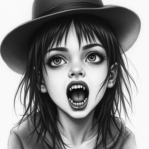 A girl with sharp fangs, drawn in dramatic pencil strokes with bold shading for a mysterious, vampiric look.