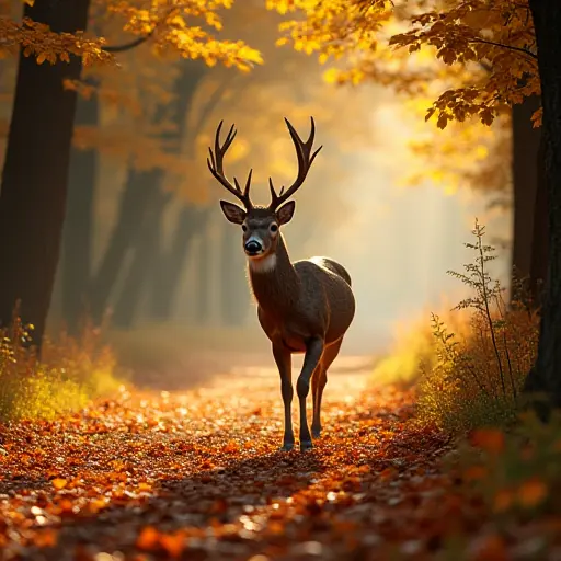 A deer walking along a forest path, with the ground covered in a blanket of colorful autumn leaves, while the sunlight filters through the trees, casting long shadows and highlighting the beauty of the scene.