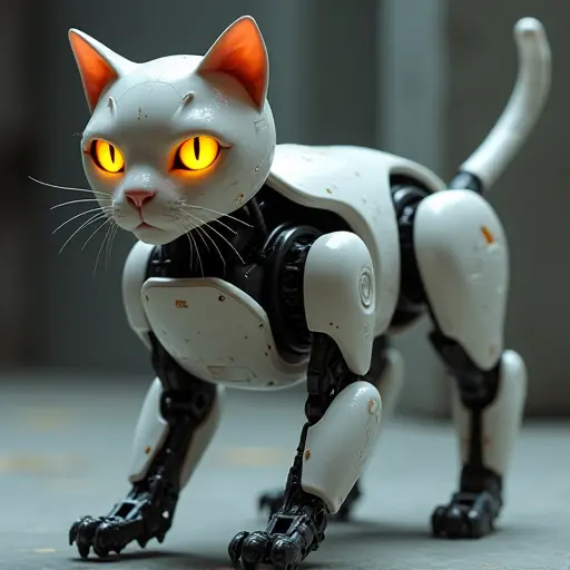 A mechanical cat with robotic limbs and glowing eyes, made to look like an intelligent machine.