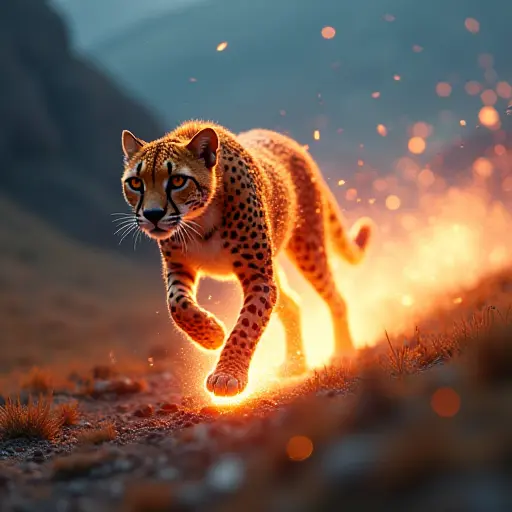 A cheetah avatar running through a digital landscape, leaving a trail of glowing light and pixelated speed.