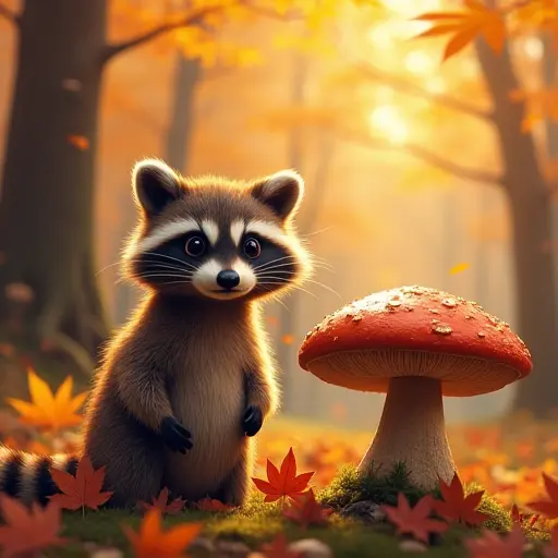 A raccoon standing next to a large mushroom in a forest filled with colorful autumn leaves, the warm sunlight filtering through the trees, casting a soft glow on the raccoon's fur and the surrounding foliage.