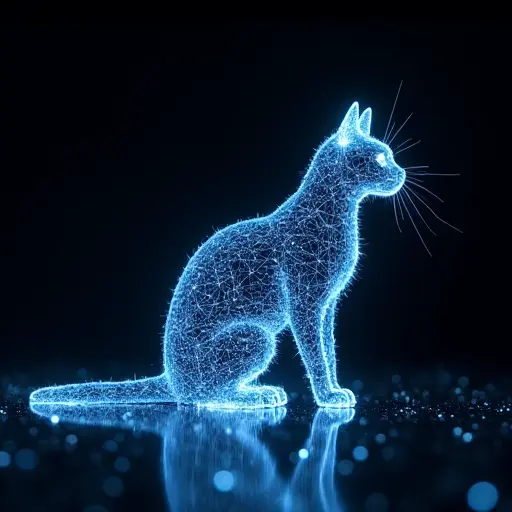 A cat silhouette formed by flowing fiber optic light patterns, creating a high-tech visual of streaming data.