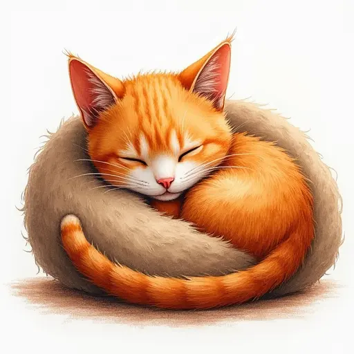 A cozy cat curled up in a ball, drawn in warm, earthy tones with colored pencils.