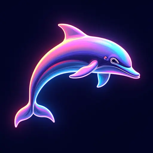 A dolphin in vibrant neon colors, with glowing lines and fluid curves that reflect its graceful underwater movement.