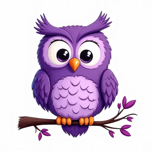 A purple owl perched on a branch, sketched with playful, whimsical lines and bright purple tones.