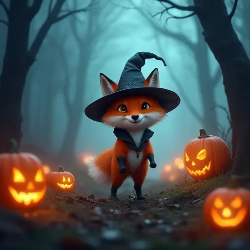 A mischievous fox wearing a wizard hat, exploring a foggy Halloween forest filled with glowing pumpkins and eerie mist, creating an adventurous and spooky Halloween night.