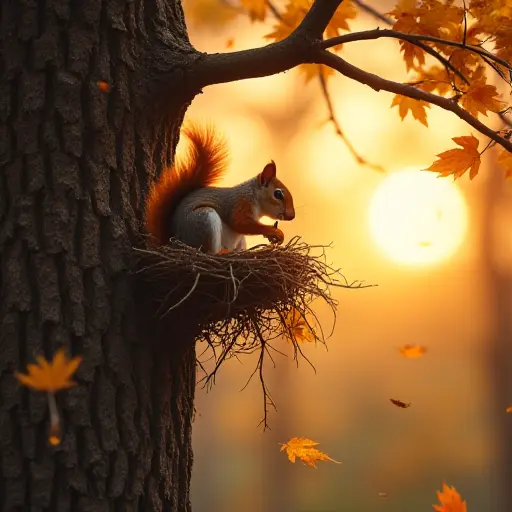 A squirrel collecting leaves and twigs to build its nest in a tall oak tree, surrounded by falling autumn leaves and the warm golden light of the setting sun.