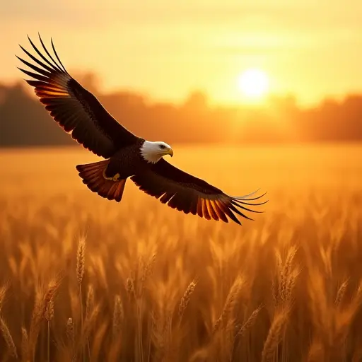 An eagle soaring over a golden field of wheat at sunrise, its feathers shining as it glides effortlessly.