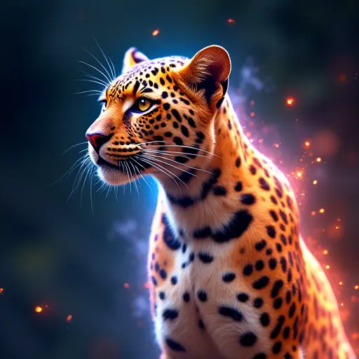 A leopard avatar that flickers between quantum states, with an aura of glowing energy and shifting color patterns.