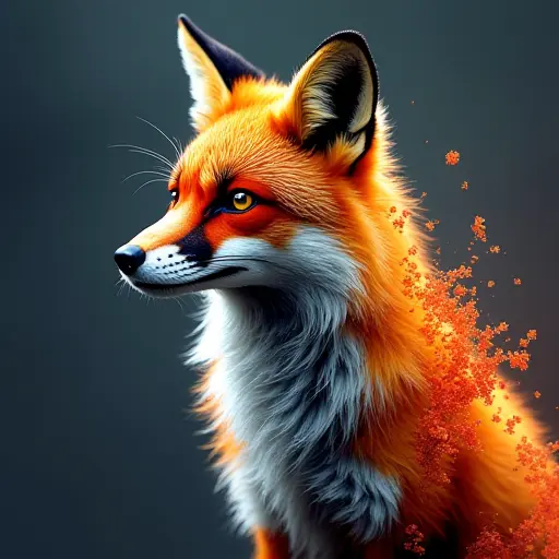 A fox avatar made entirely of digital pixels, with its fur appearing as fragmented data blocks that shift in shape.