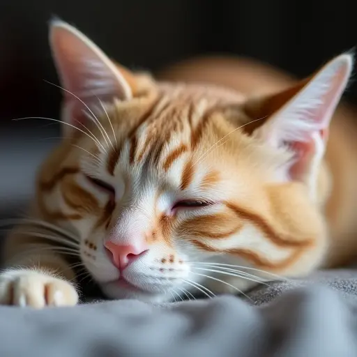 Relaxed cat lying down, eyes half-closed, soft fur, with a calm and peaceful expression.