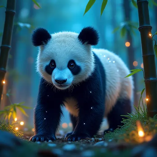 A panda with shimmering blue crystal patterns on its fur, exploring a magical bamboo forest lit by glowing plants.