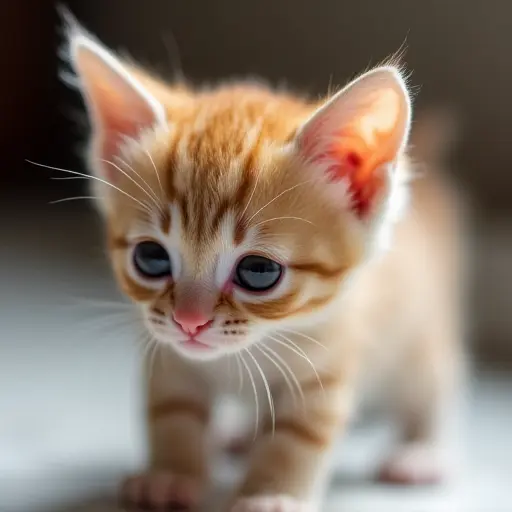 Tiny kitten with oversized ears and soft fur, looking around curiously.