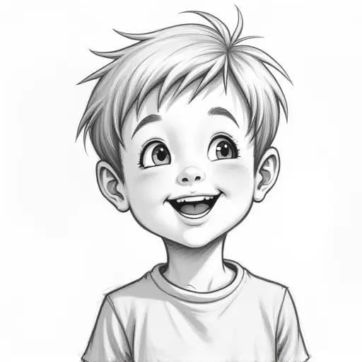 A little boy with short hair and a playful expression, sketched with soft pencil strokes and light shading.