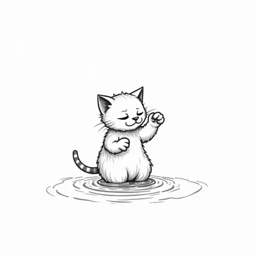 clean pencial outline sketch of A abyssinian cat playfully splashing water with its paws, showing a mischievous expression.