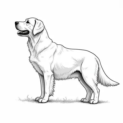 black and white simple line drawing of a golden retriever from the side view