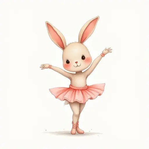 A bunny in a graceful ballet pose, drawn with soft lines and pastel tones, capturing a light, delicate feel.