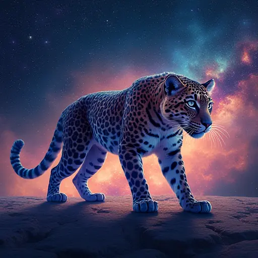 A sleek leopard with fur blending into a flowing galaxy of stars and nebulae, prowling under a vivid night sky.